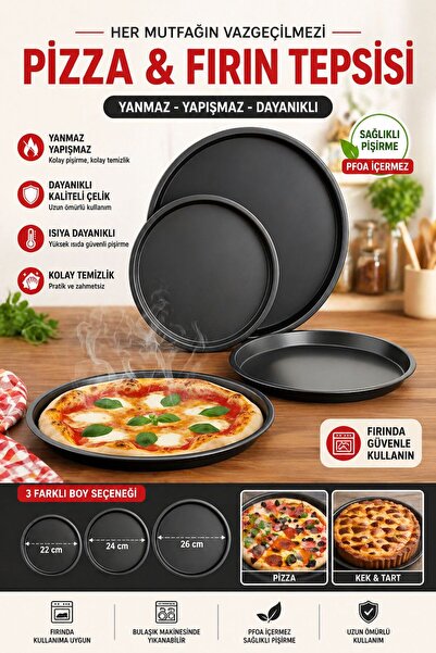 Funny Life 3’lü Pizza Tepsisi Seti 22-24-26 cm Yapışmaz Fırın Tepsisi PFOA Fr...