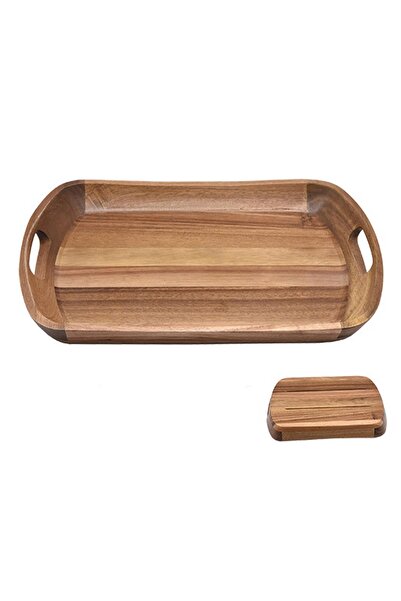 MİEN Acacia Solid Wood Serving Tray - 38X25 cm - Presentation Tray with Handles