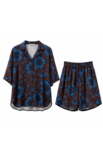 HANIQA Set pantaloni scurți cu model albastru pentru femei-1066
