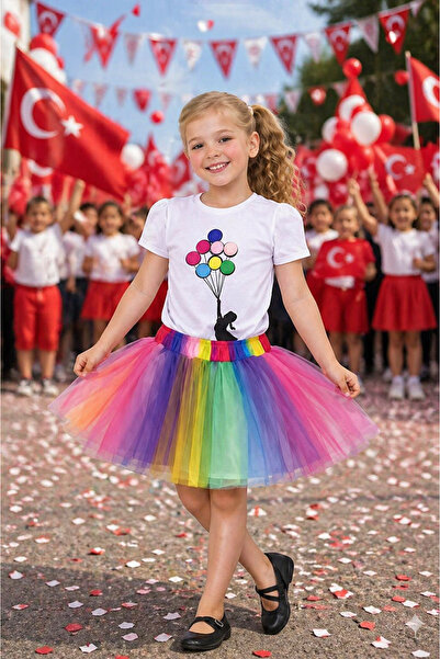 HER ŞEY NOTA www.herseynota.com Girl's Balloon Print T-Shirt and Rainbow Tull...