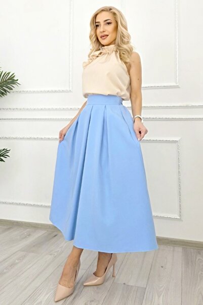 FashionForYou Ματίλντ κλος φούστα με τσέπες και πιέτες, σε γαλάζιο χρώμα.