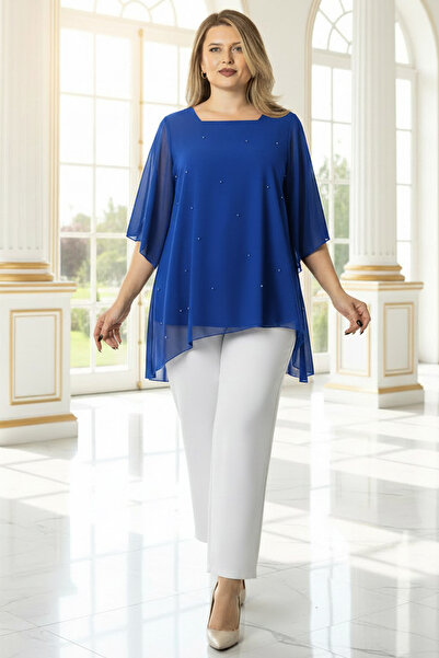 SUBU TASARIM Βραδινή μπλούζα με τετράγωνο γιακά από σιφόν με κέντημα πέρλες, ...