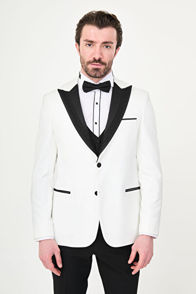 Mcr Plain Slim Fit Removable Double Satin Collar Men's Groom Suit White - 454...