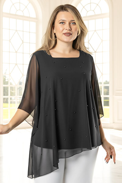 SUBU TASARIM Βραδινή μπλούζα με τετράγωνο γιακά από σιφόν με κέντημα πέρλες, ...