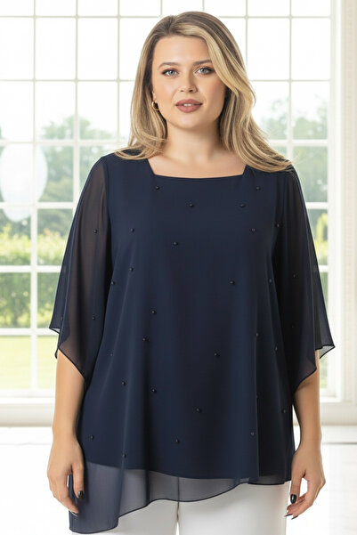 SUBU TASARIM Βραδινή μπλούζα με τετράγωνο γιακά από σιφόν με κέντημα πέρλες, ...