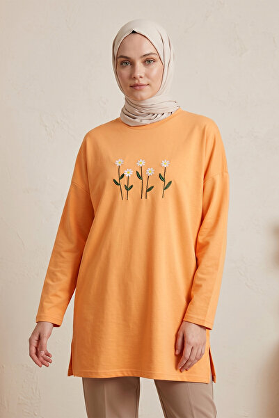 FERHEL تونيك نسائي من القطن الممشط بياقة دائرية وتطريز ديزي - برتقالي