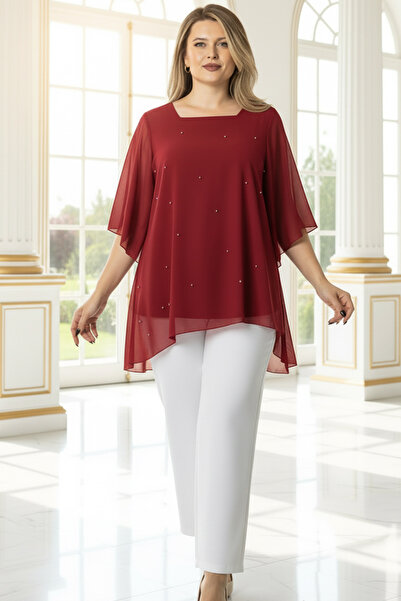 SUBU TASARIM Βραδινή μπλούζα με τετράγωνο λαιμόκοψη και κεντημένα πέρλες από ...