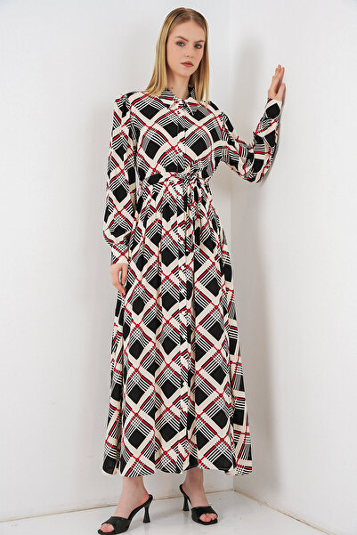 Bigdart Γυναικείο Μακρύ Φόρεμα Τεσεττούρ με Κουμπιά 2588 - Μαύρο - Μπεζ