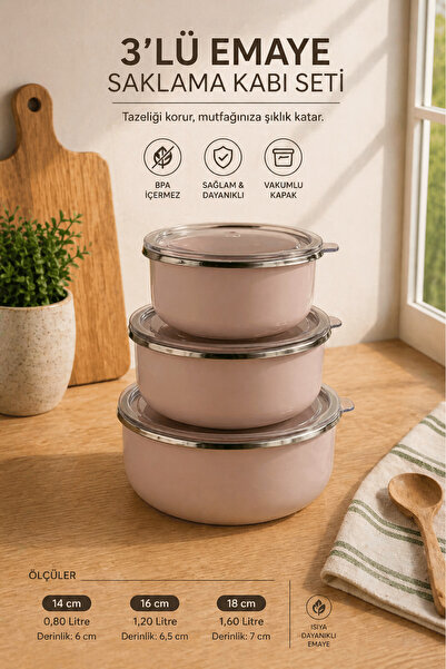 Jenisa 3-Piece Enamel Storage Container Set with Vacuum Lid, Can Be Used on t...