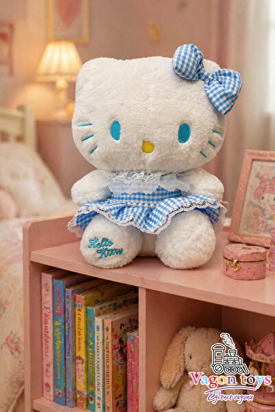 vagontoys Hello Kitty Kedi - Hello Kitty Peluş Oyuncak Mavi Ekose Elbiseli Fi...