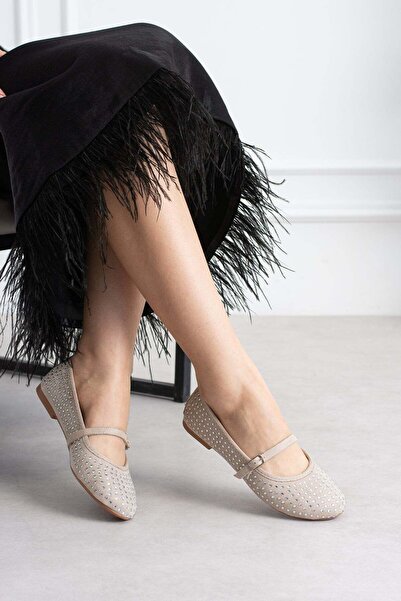 ShoeTek Kwa Γυναικείες Μπαλαρίνες με Λουράκια Μπροστά, Πέτρινο Μπεζ Σουέντ