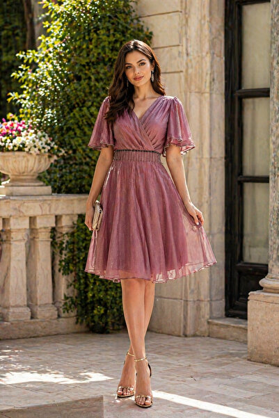 Divin store Ροζ πούδρας φόρεμα με γκλίτερ και βέλονα σε ασημί αποχρώσεις – ρε...