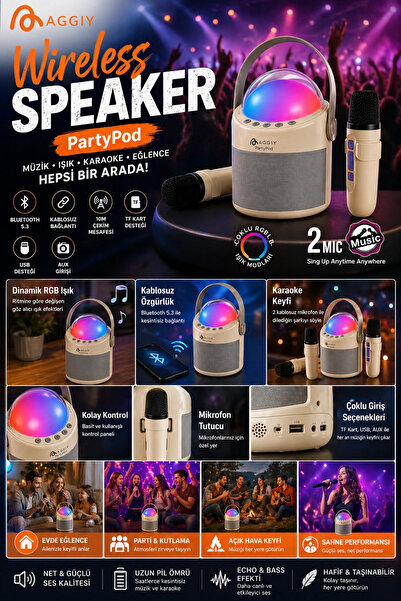 Vothoon PartyPod Bluetooth 5.3 Destekli Çok Fonksiyonlu Kablosuz Mikrofon Ve Hoparlör