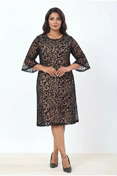 hazelin Γυναικείο μπεζ μεγάλο μέγεθος Ισπανικό φόρεμα με διαφανή δαντέλα και ...