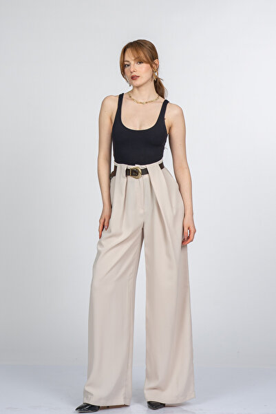 MissVina Παντελόνι Bellara με φαρδιά πιέτες και ψηλόμεση μέση με ζώνη