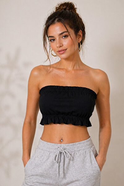 LAVİNİM Gipeli Crop Straplez Pamuklu Siyah Büstiyer Body