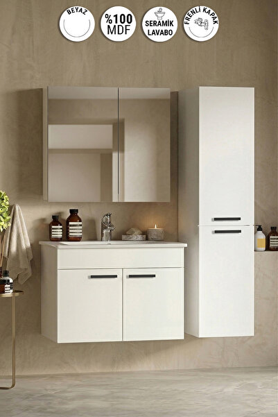 ÖZCEDEN Petunya 75+167 cm Beyaz MDF Seramik Lavabolu Asma Banyo Dolabı Takımı