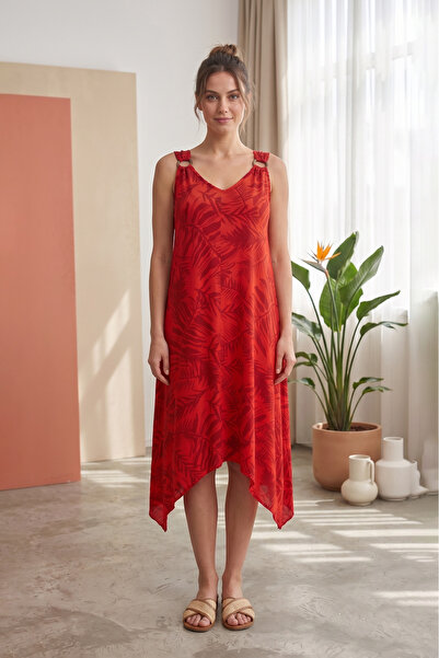 LAbute Bohemian Style Asymmetrical Cut Loose Viscose Dress with Ring Straps