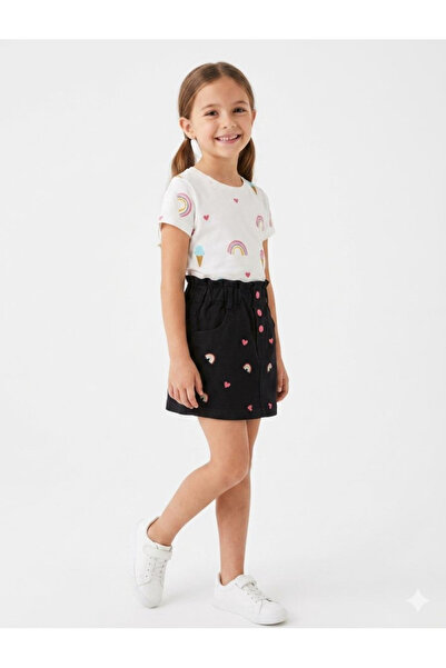ERKUT KIDS Girl's Cotton Printed T-Shirt & Black Denim Skirt 2-Piece Set (Be ...