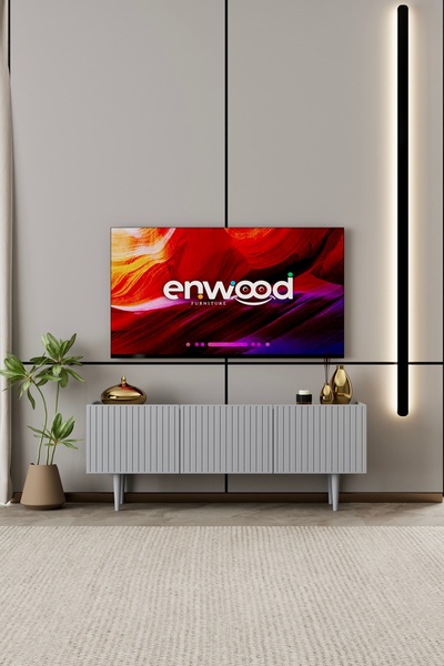 enwood Capella TV Ünitesi sis gri MDF 3 kapaklı 140 cm ayaklı