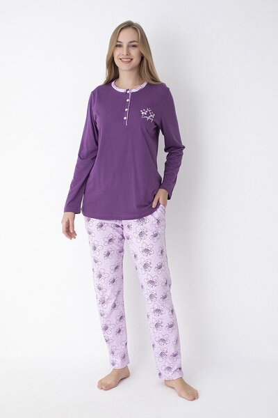 SENFONİ Mor Çiçek Desenli %100 Pamuk Pijama Takımı – Rahat ve Konforlu Ev Giyimi