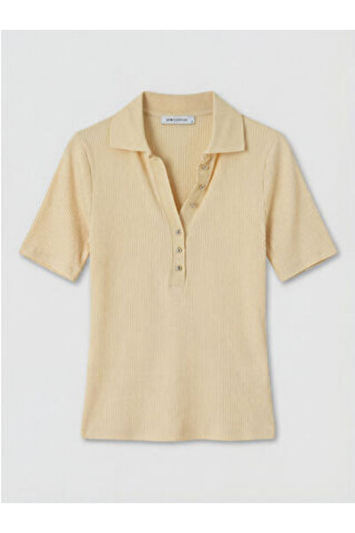 LC Waikiki New Season Beige Polo Collar Women's Ribbed T-Shirt