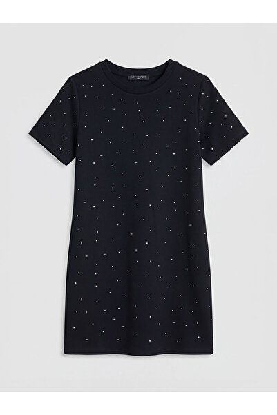 LC Waikiki Lcw Comfortblack Crew Neck Stoned Mini Dress