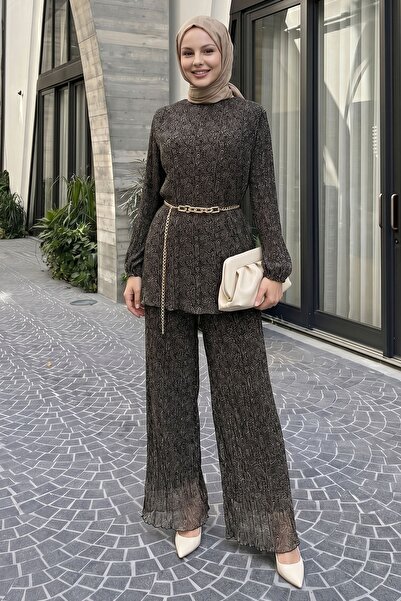 InStyle Σετ με φαρδύ παντελόνι, σάλι με σχέδιο, πλισέ σιφόν και ανθρακί