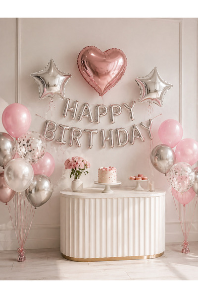 Öztürkpartievi Rose Gold Gümüş Doğum Günü Happy Birthday Balon Seti (Kalp & Y...