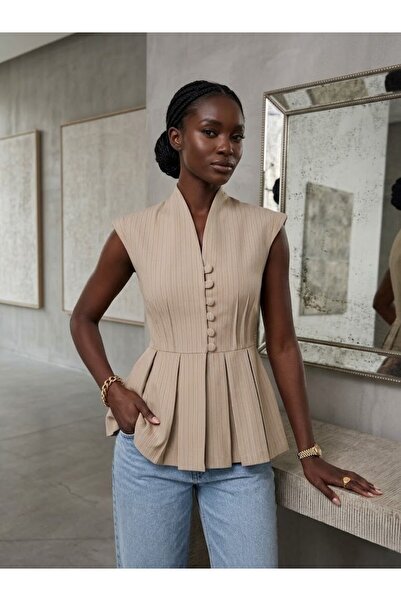 LOKADI Γυναικείο ριγέ γιλέκο με διπλό γιακά και πιέτες - Κομψό σακάκι γραφείο...