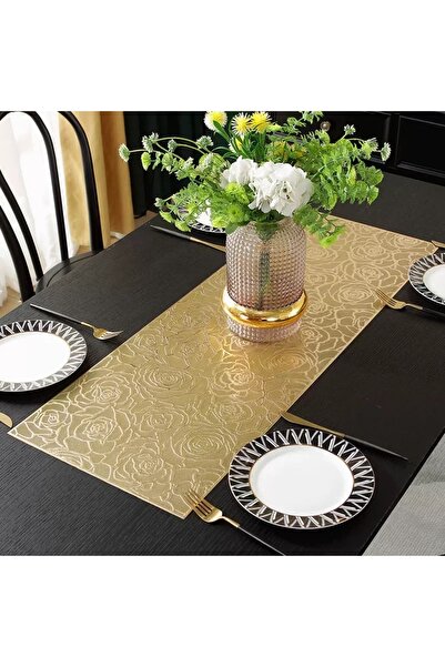 zyntech Gold Gül Desenli Lüx PVC Runner - 33x91 cm Modern Masa Örtüsü