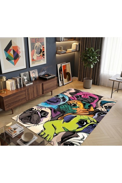 Rugs Modern Halı SDT Pop-Art Neon Pug Kolaj Rengarenk Modern Dokuma Taban Dek...