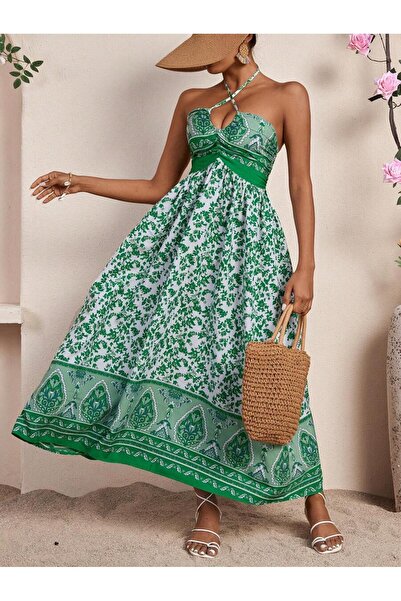 Iuliashop Rochie lungă Cleo albă cu imprimeu floral verde și spatele deschis - M