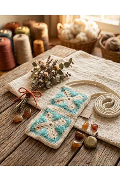 ih ihra Hand Knitted Floral Phone Bag - Motifed Neck Strap Bag