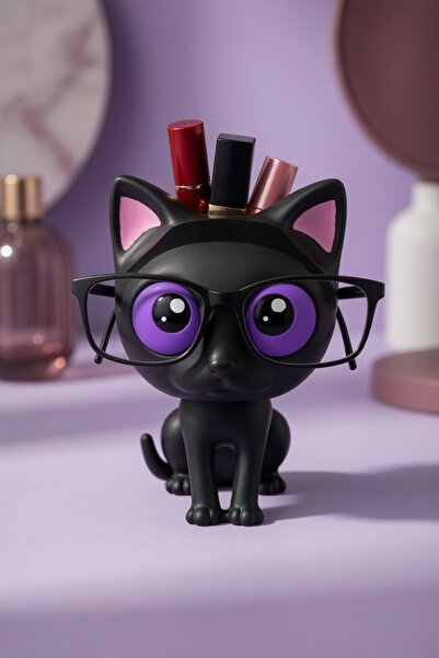 MYCRAFT3D Kedi Figürlü Gözlük Standı Gözlüklük Kalemlik Makyaj Fırçası Ruj Or...