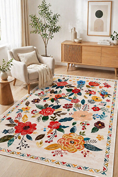 Toronto Home Dijital Kaymaz Yıkanabilir Renkli Etnik Vintage Salon Halısı Mut...