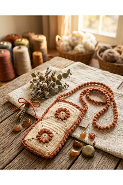 ih ihra Hand Knitted Floral Phone Bag - Motifed Neck Strap Bag