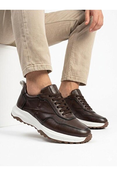 Lütfi Men's Brown Genuine Leather Orthopedic Sole Casual Sneaker Shoes