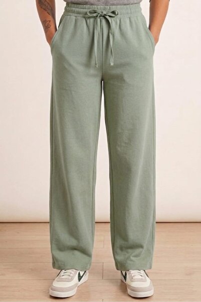 PORİENTO Mint Green 4-Season Elastic Waist Lace-Up Wide-Leg Gabardine Women's...