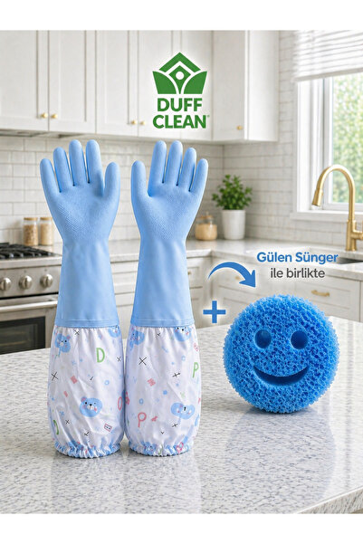 DUFF CLEAN L BEDEN Bulaşık Eldiveni +Sünger. Uzun Kollu Mutfak Temizlik Eldiv...
