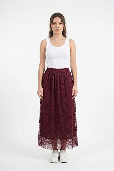 Lady Bom Kadın Bordo Yüksek Bel Flok Baskılı Beli Lastikli Astarlı Tül Etek (...
