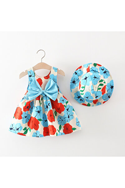 Little Dress Rochie de vacanță cu flori, fundă albastră și pălărie asortată i...