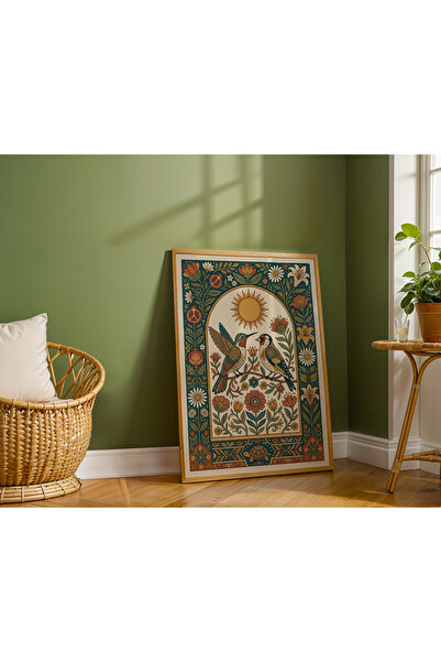 Creatick Design Bohem Folk Art Kuş ve Çiçek Temalı Ahşap Çerçeveli Tablo - Et...