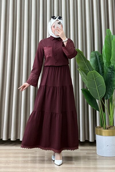 mercan moda Yasmin Etekli Takım Maya Kumaş Kadın Bordo Kolları ve Cebi Dantel...