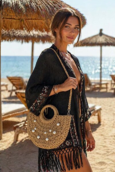 BALIENTE Γυναικεία τσάντα από ψάθα με κεντημένο λουράκι με πέρλες σε χρώμα κα...