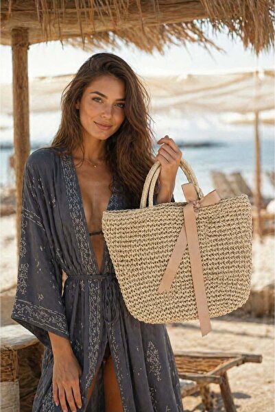 BALIENTE Μπεζ Ψάθινη Γυναικεία Τσάντα με Λεπτομέρεια Κορδέλας 45x35 εκ.