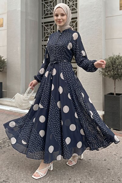 InStyle Φόρεμα με μανίκια μπαλόνι, σιφόν, πουά, σε σκούρο μπλε