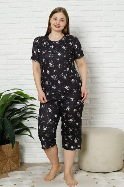 BALİS PİJAMA Plus Size Women's Buttoned Patterned Capri Pajama Set Comfortabl...