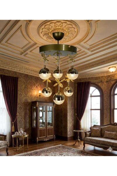 BİAVİZE TOP KRİSTAL LEDLİ GOLD 6 LI MODERN SARKIT AVİZE(3RENK)