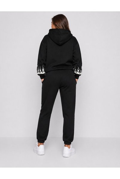 SERBA Women's Black Flame Patterned Hooded Tracksuit Set